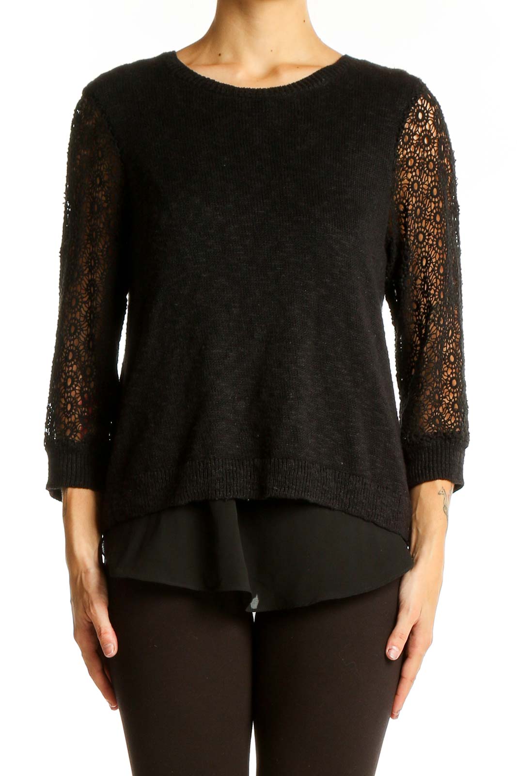 Front view of Lucky Brand black sweater with lace sleeves and layered hem