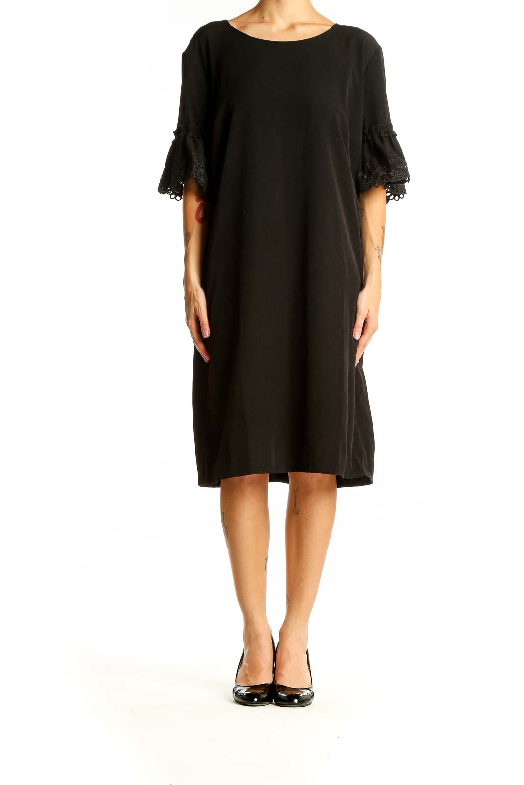 Front view of Karl Lagerfeld black shift dress with lace bell sleeves