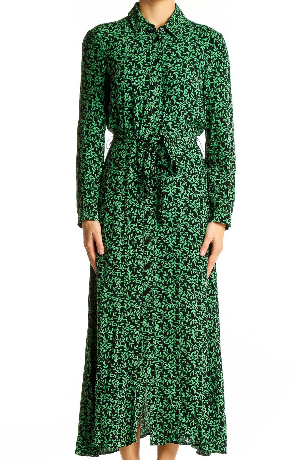 Front view of green floral print Zara maxi dress with button-down front and belt