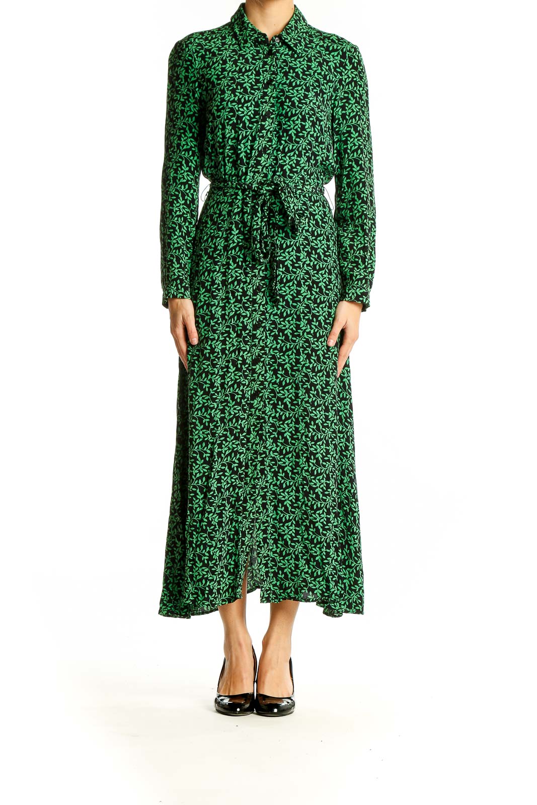 Front view of green floral print Zara maxi dress with button-down front and belt