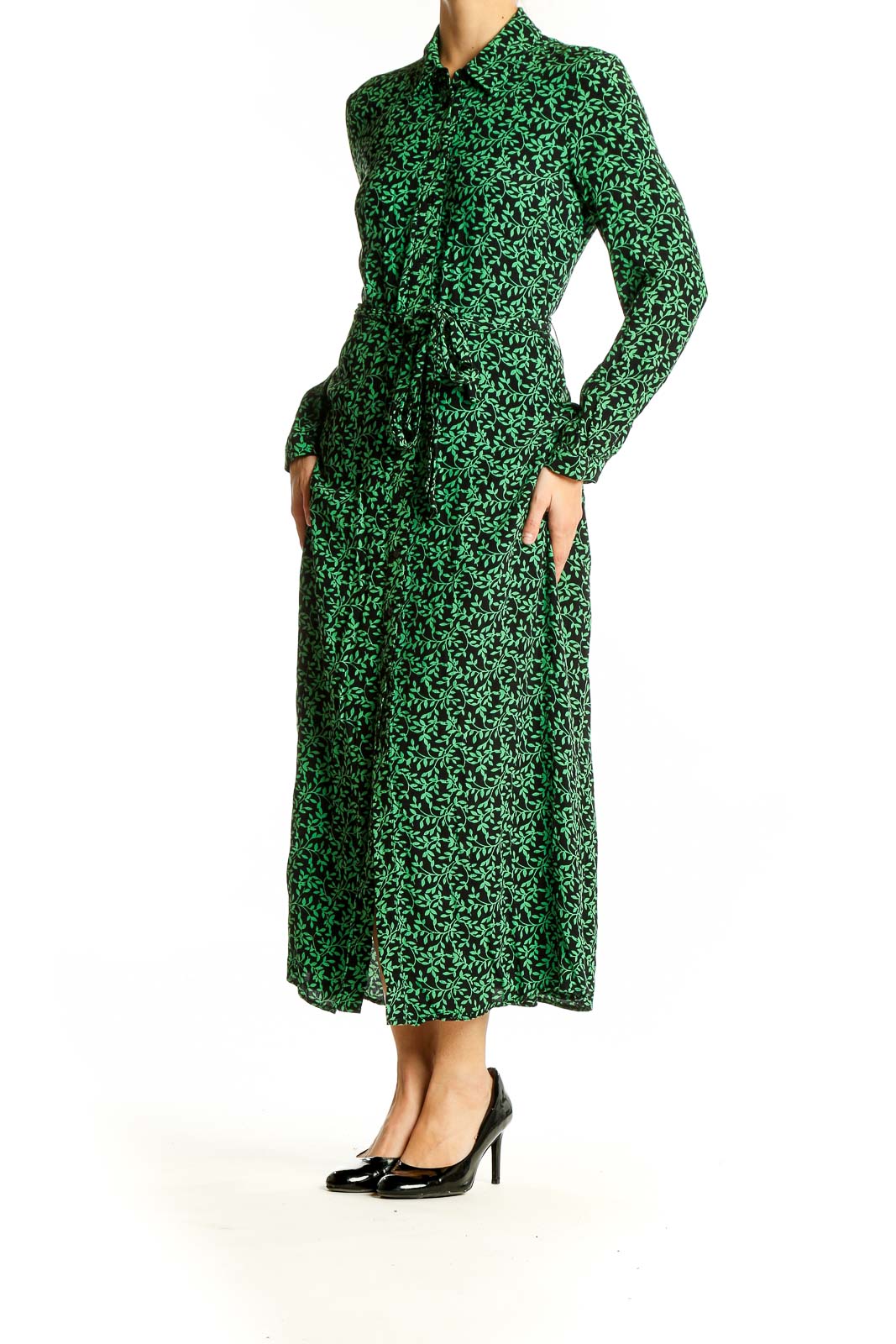 Front view of green floral print Zara maxi dress with button-down front and belt