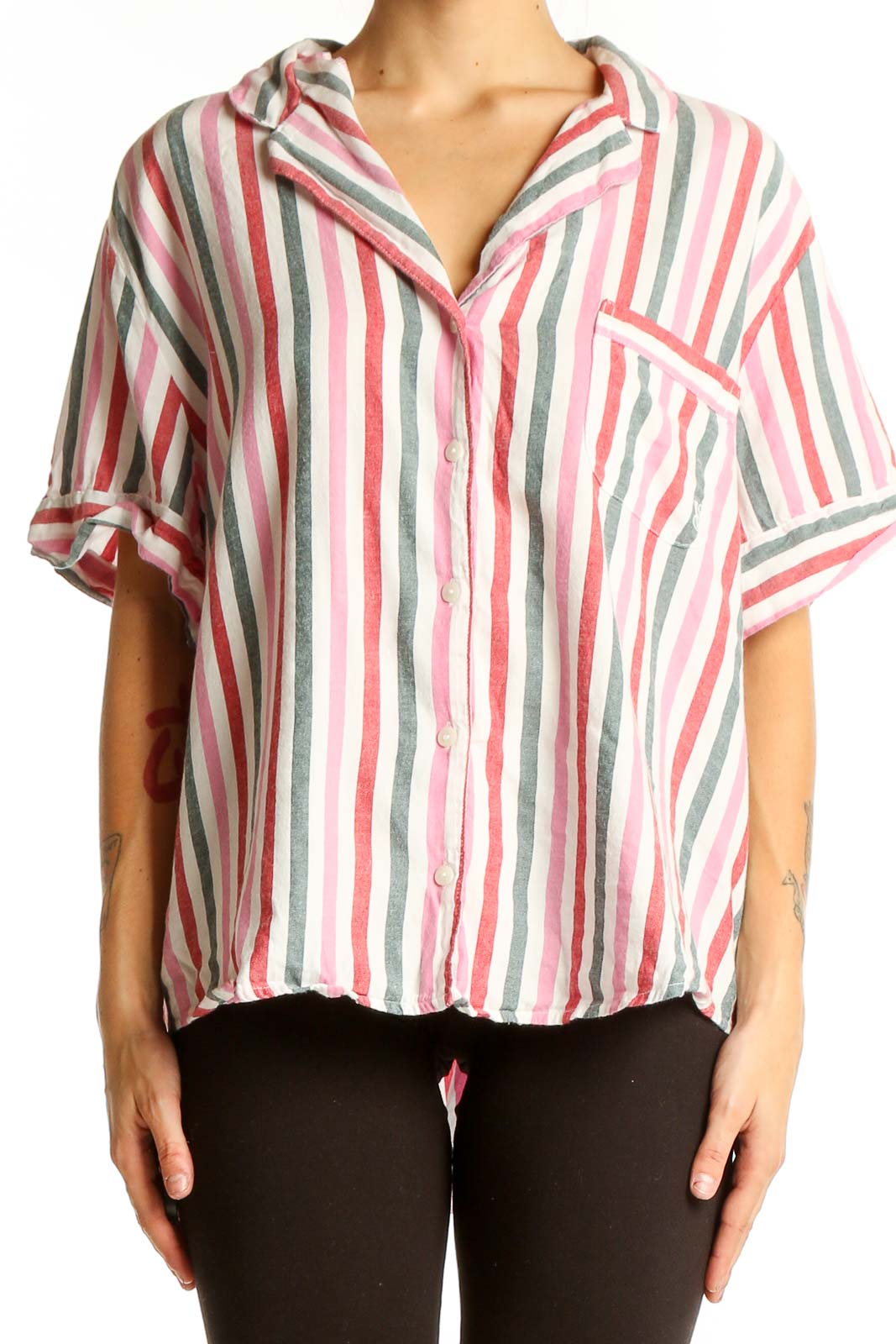 Front view of Victoria's Secret pink striped cotton button-up shirt