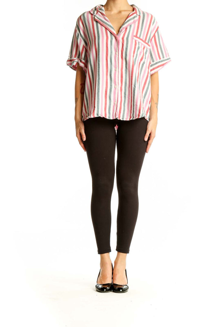 Front view of Victoria's Secret pink striped cotton button-up shirt