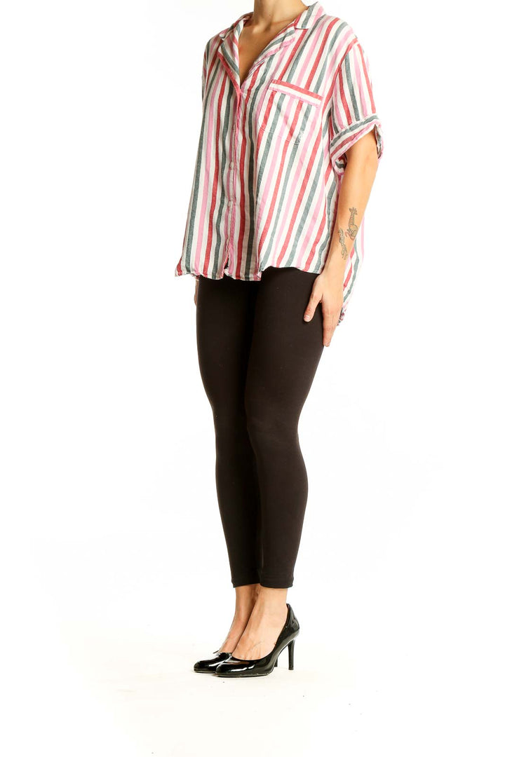 Front view of Victoria's Secret pink striped cotton button-up shirt