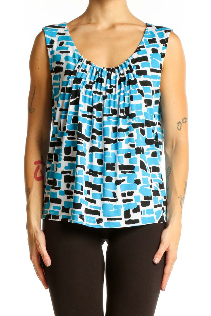 Front view of Calvin Klein blue geometric print sleeveless top