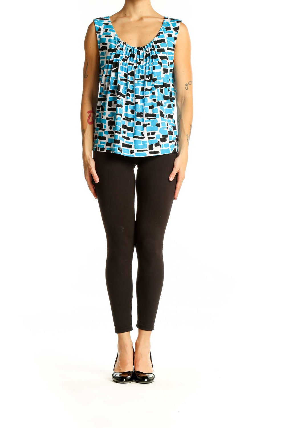 Front view of Calvin Klein blue geometric print sleeveless top