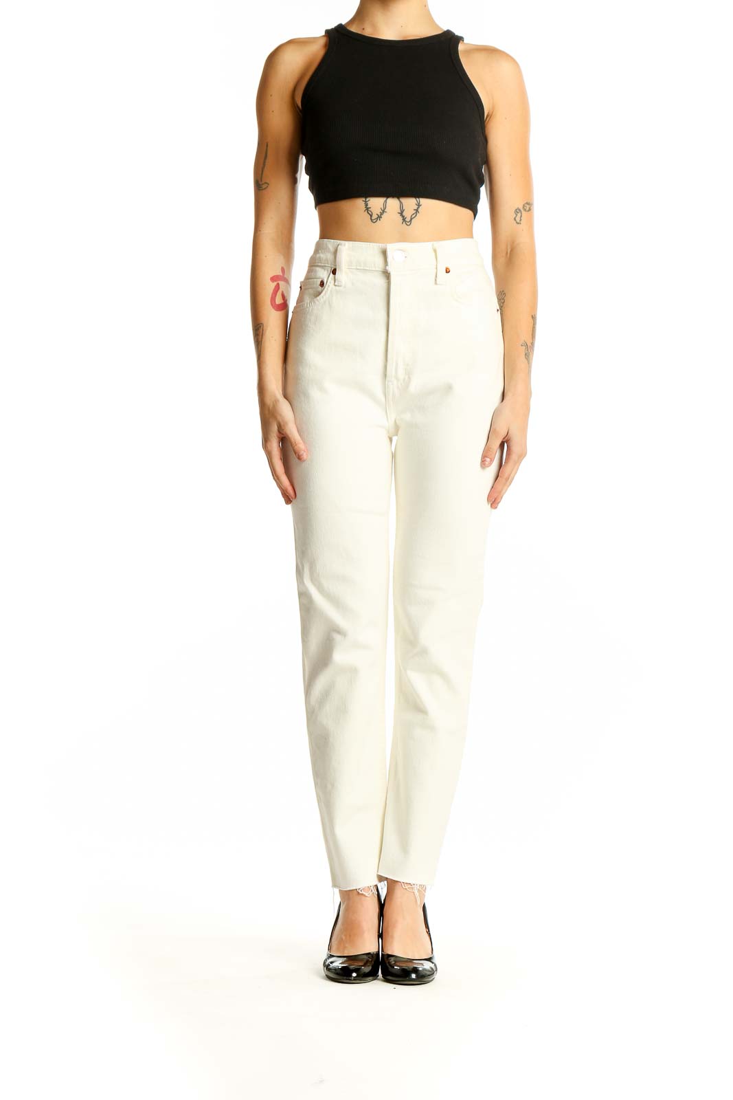 Front view of RE/DONE white high-waisted straight-leg jeans