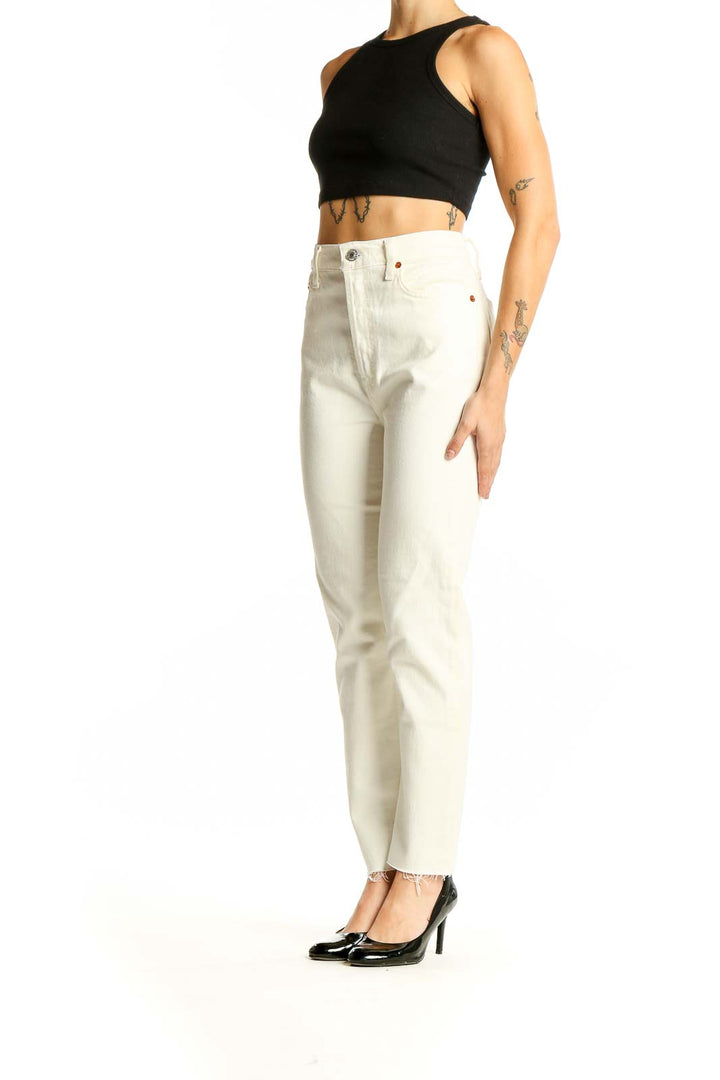 Front view of RE/DONE white high-waisted straight-leg jeans