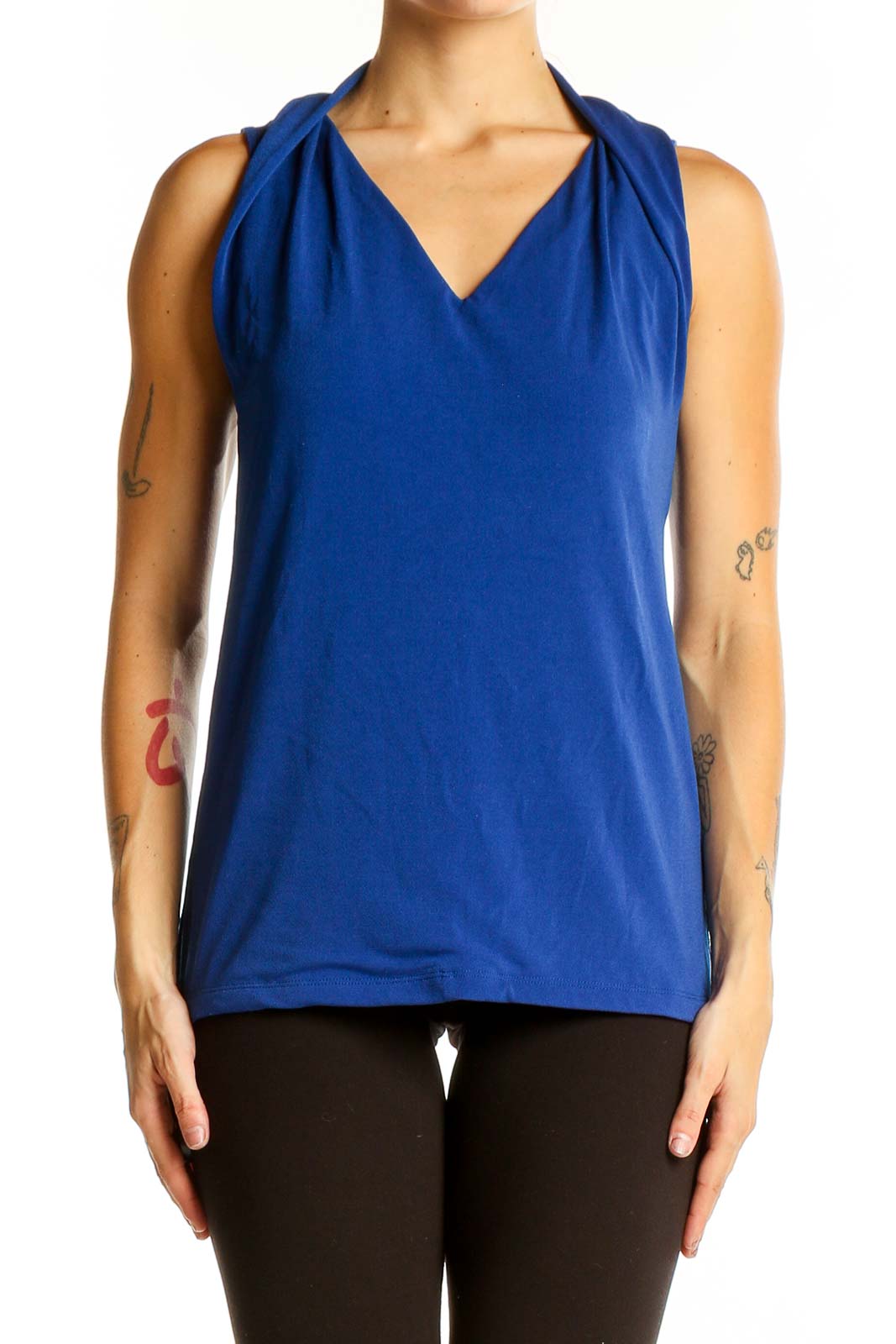 Front view of royal blue V-neck sleeveless top from Banana Republic