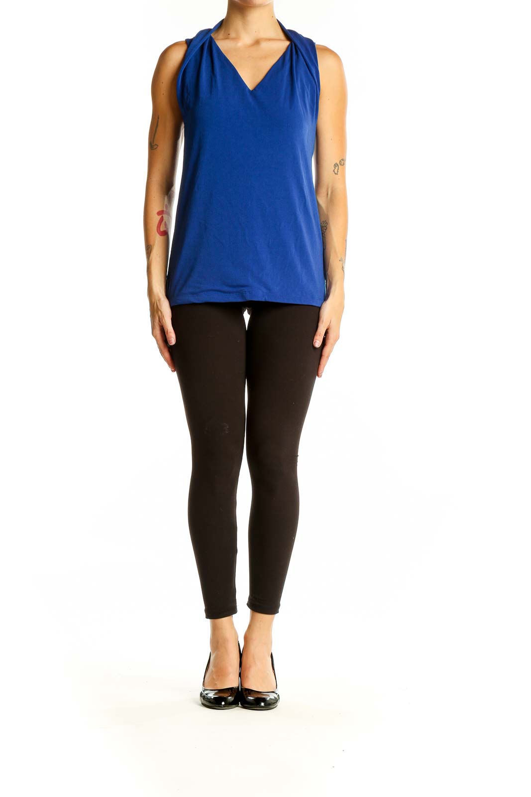 Front view of royal blue V-neck sleeveless top from Banana Republic