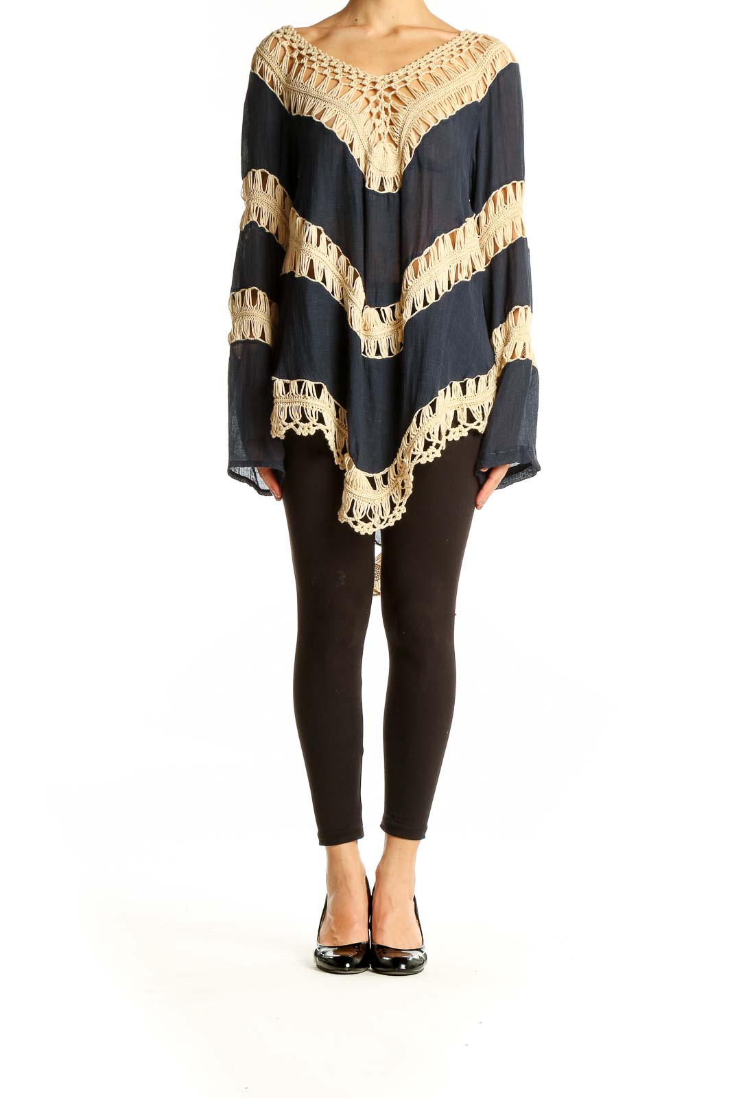 Front view of Umgee navy tunic top with beige crochet trim in chevron pattern