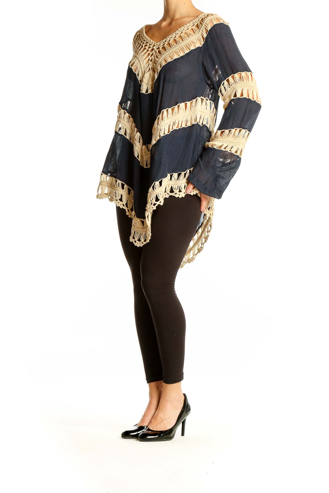 Front view of Umgee navy tunic top with beige crochet trim in chevron pattern