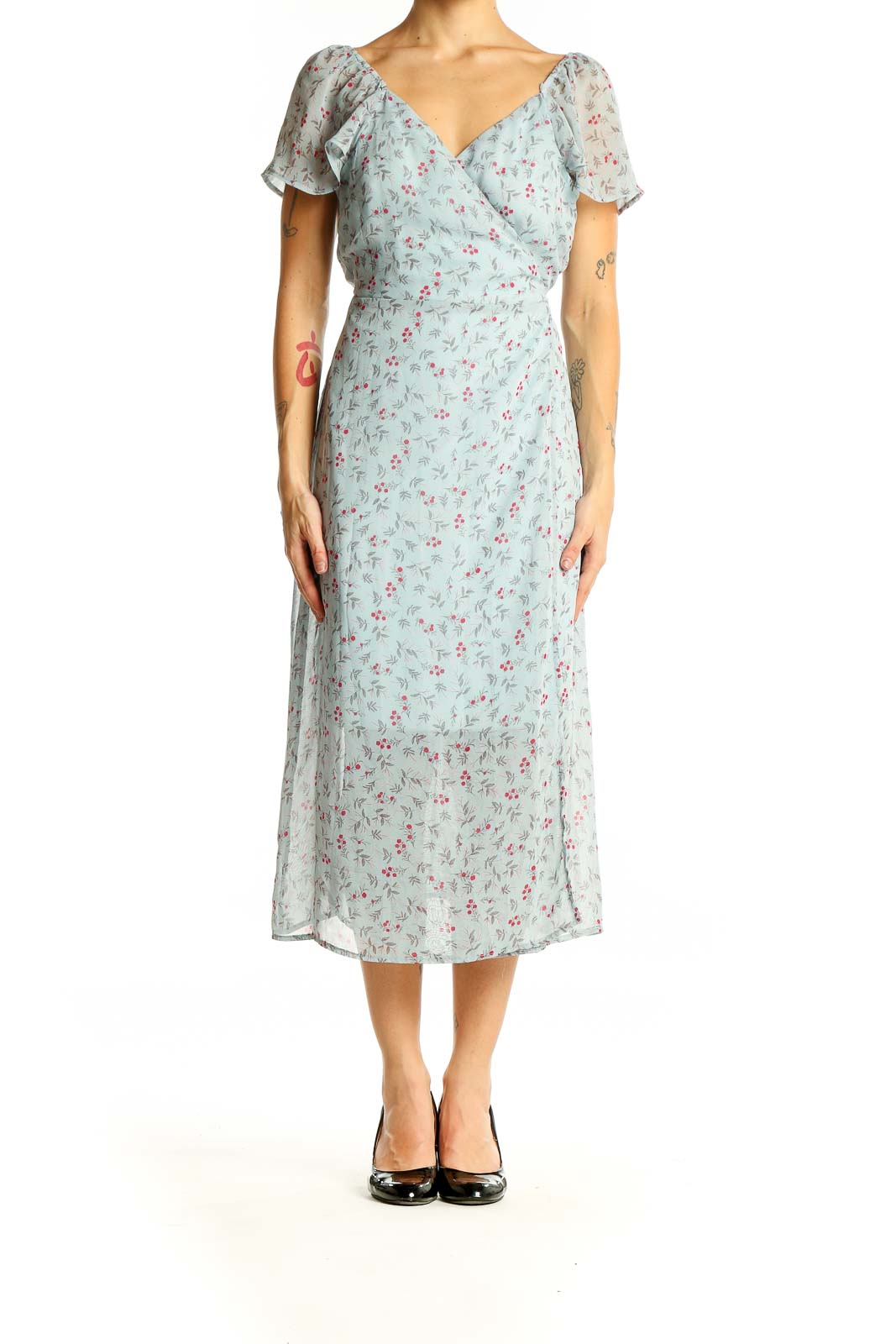 Front view of mint floral wrap midi dress with short sleeves