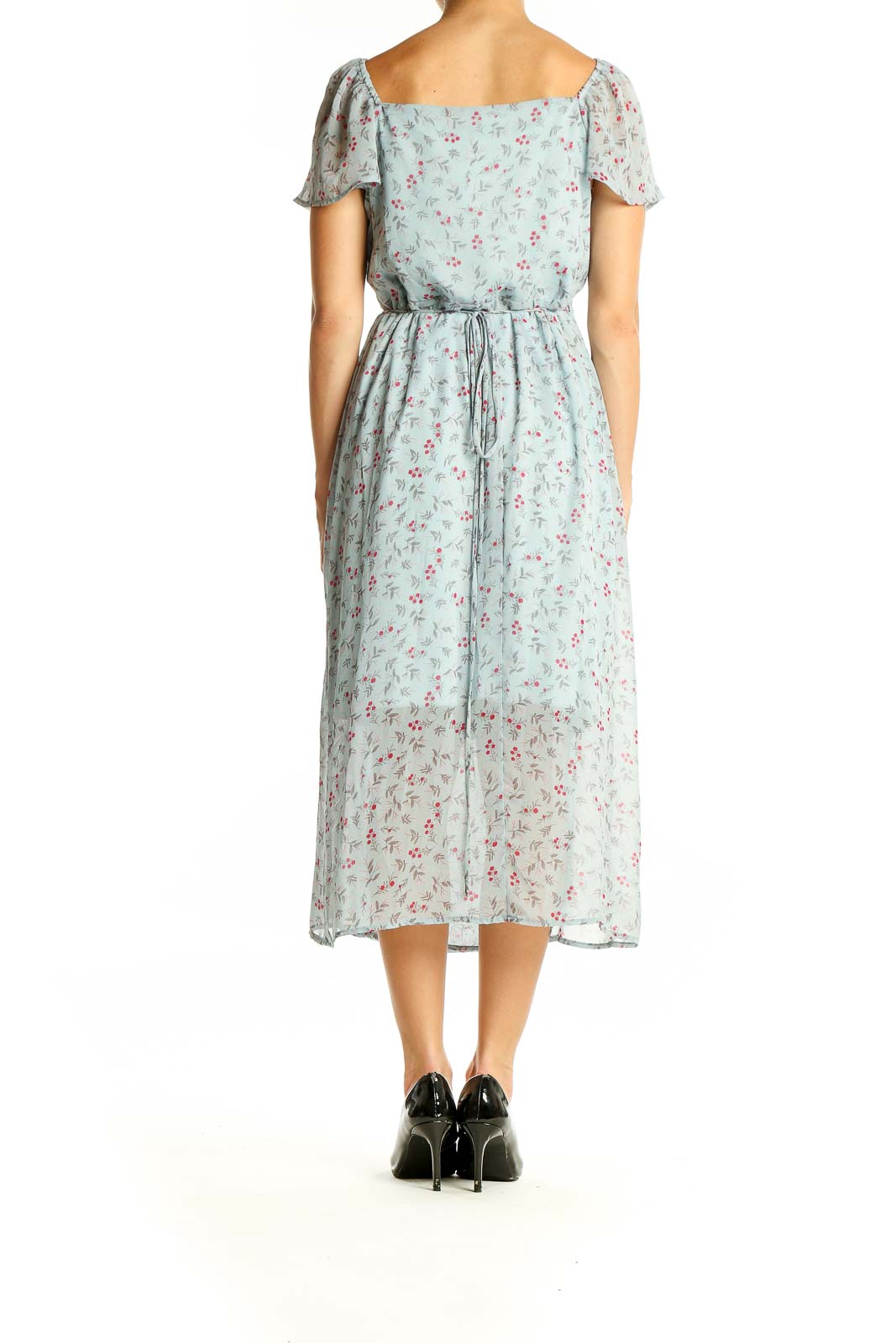 Back view of mint floral wrap midi dress showing tie detail