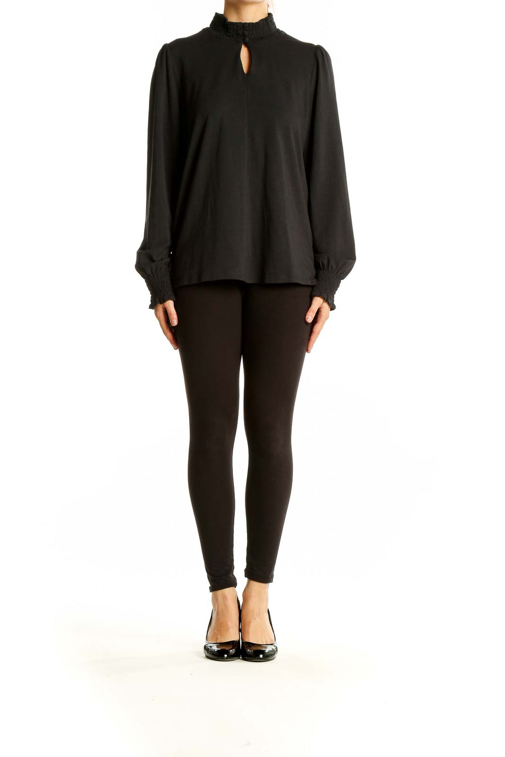 Front view of J.Jill black long-sleeve top with keyhole neckline