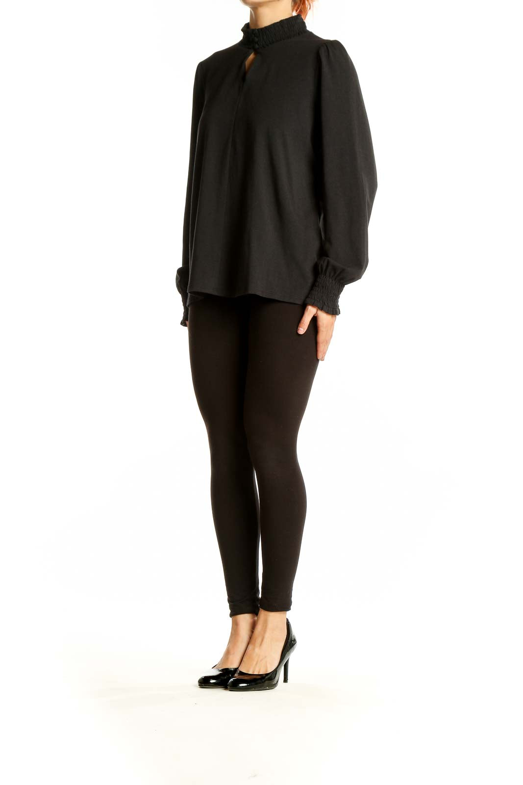 Front view of J.Jill black long-sleeve top with keyhole neckline