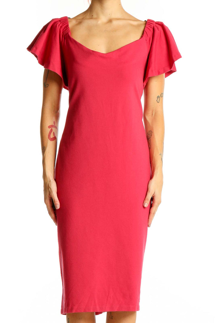 Front view of red Eloquii bodycon midi dress with flutter sleeves