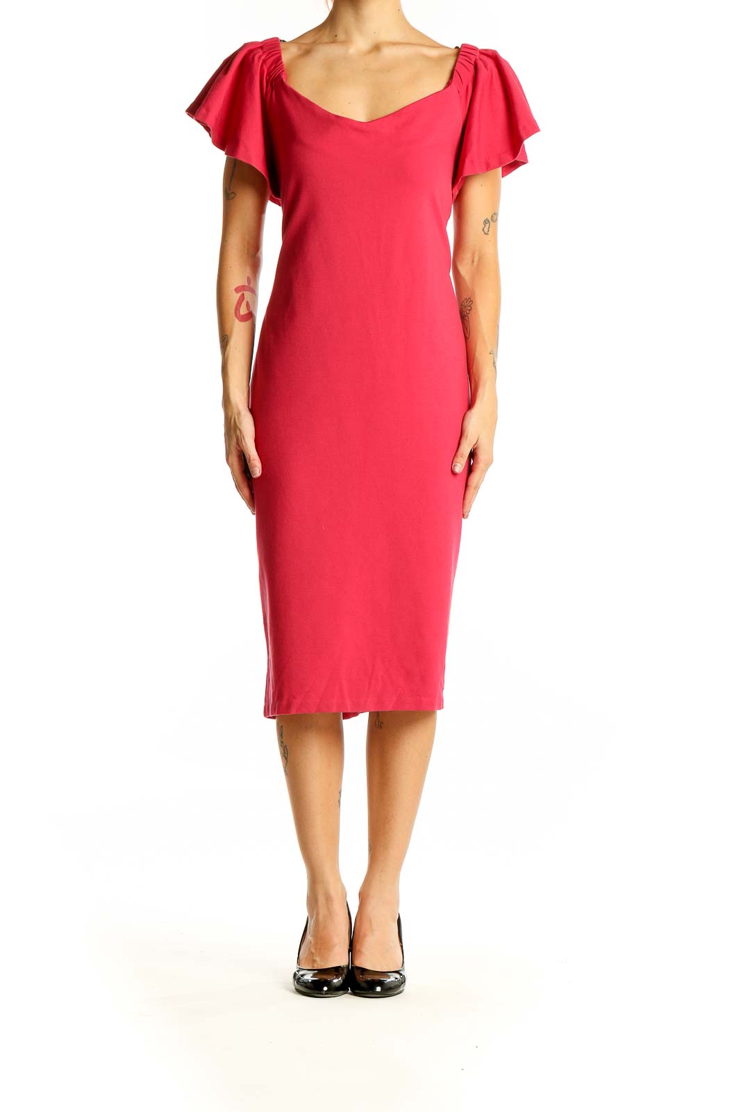 Front view of red Eloquii bodycon midi dress with flutter sleeves