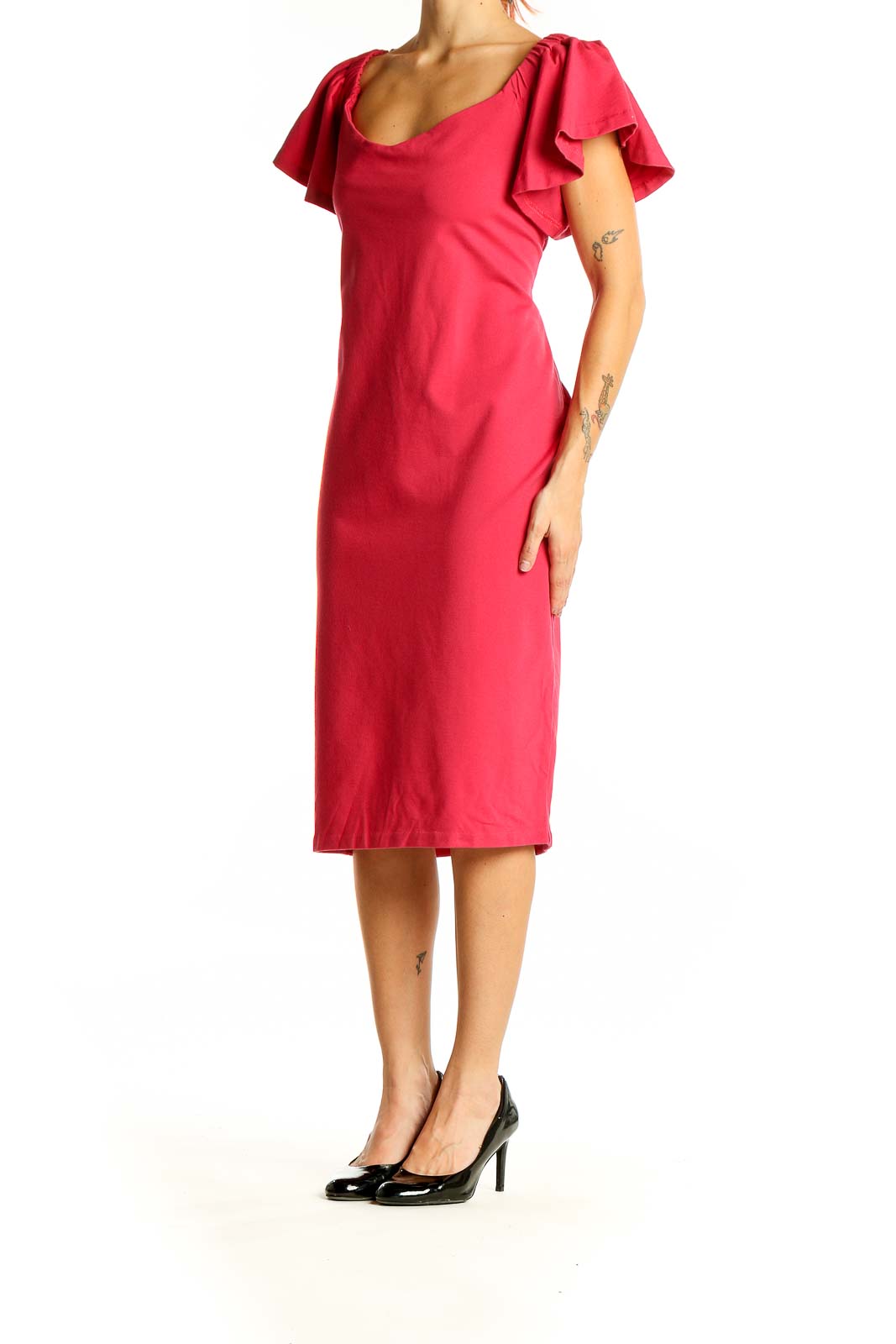 Front view of red Eloquii bodycon midi dress with flutter sleeves