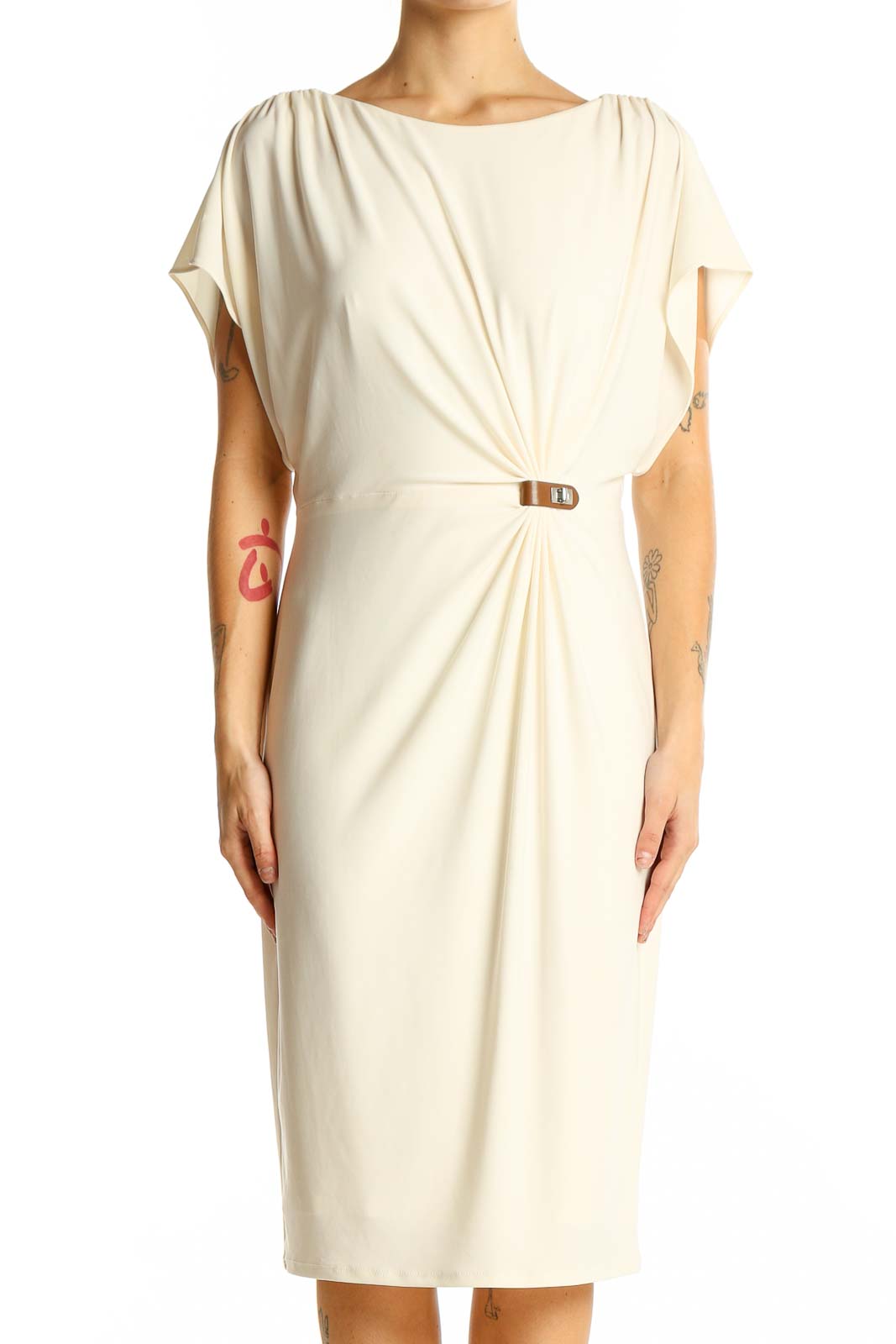 Front view of Anne Klein cream draped midi dress with waist accent