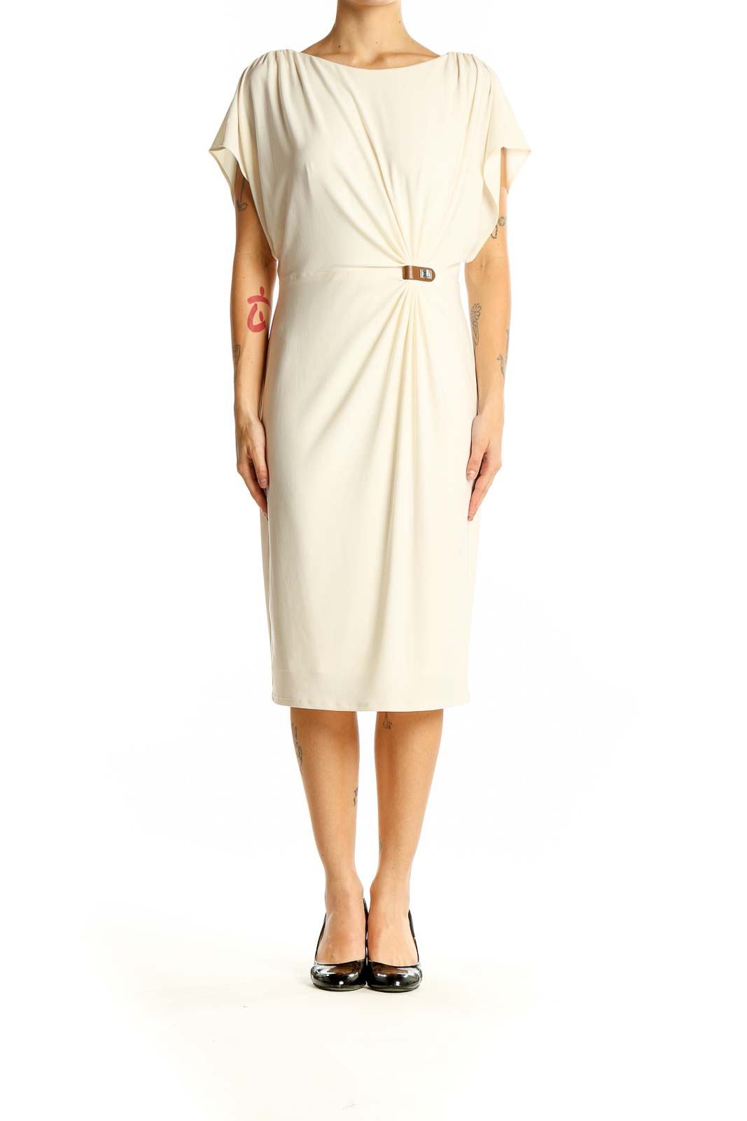 Front view of Anne Klein cream draped midi dress with waist accent