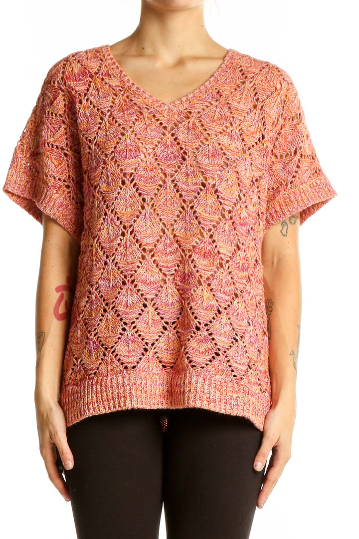 Front view of coral openwork knit short sleeve sweater by Coldwater Creek