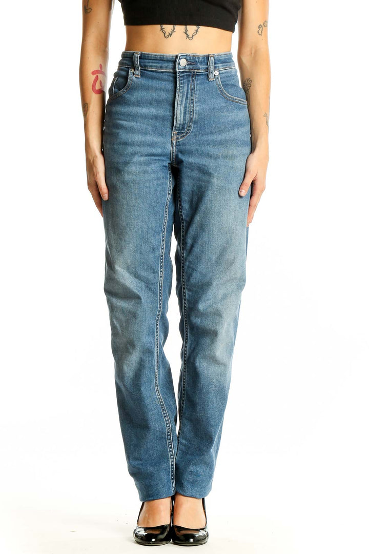 Front view of Calvin Klein blue high-waisted straight leg jeans