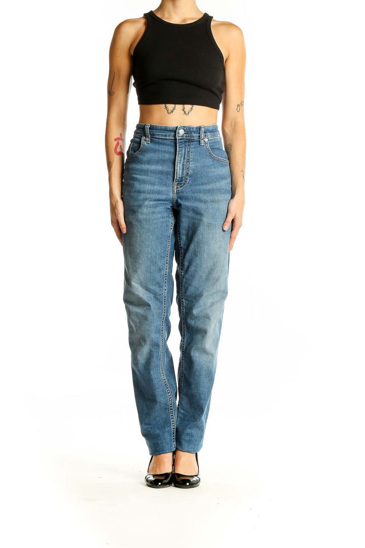 Front view of Calvin Klein blue high-waisted straight leg jeans