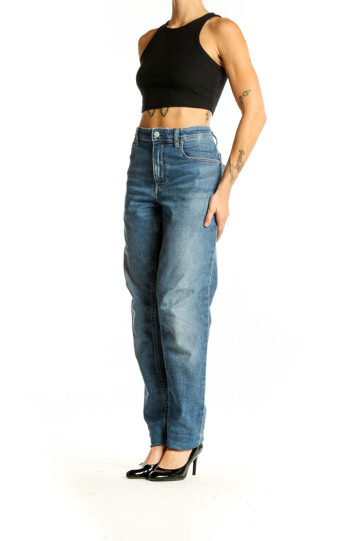 Front view of Calvin Klein blue high-waisted straight leg jeans