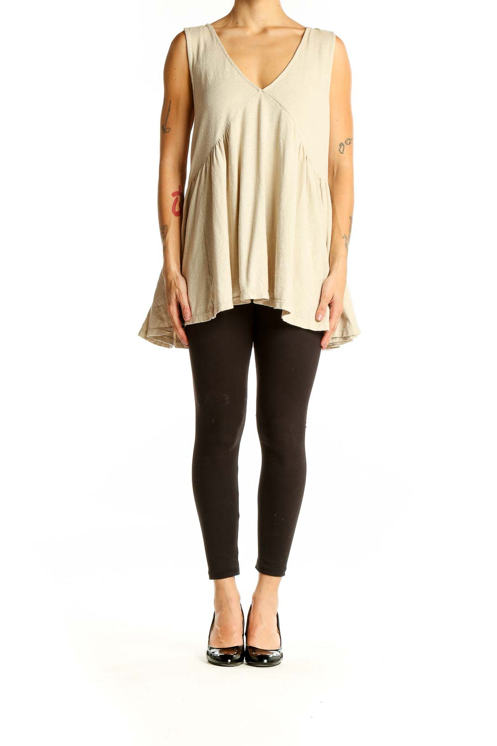 Front view of beige Free People Beach flowy V-neck sleeveless tunic