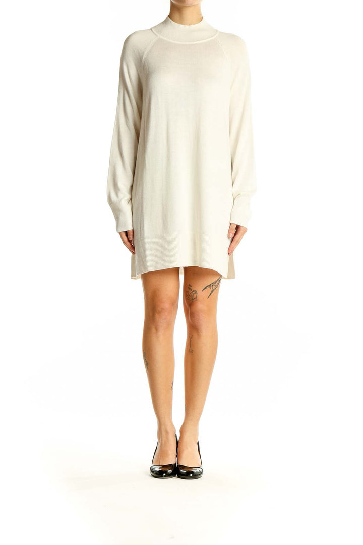 Front view of cream oversized mock neck sweater dress from Coldwater Creek