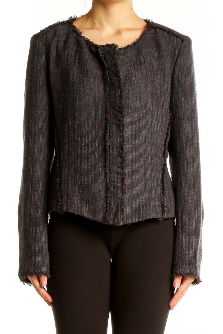 Front view of LOFT gray textured cropped jacket with frayed edges