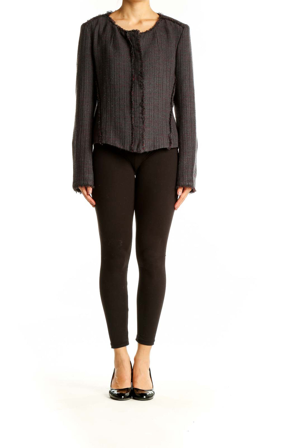 Front view of LOFT gray textured cropped jacket with frayed edges