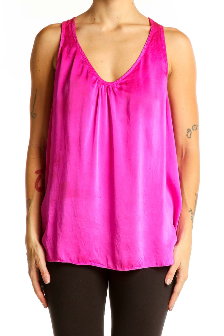 Front view of hot pink silk sleeveless blouse with V-neck