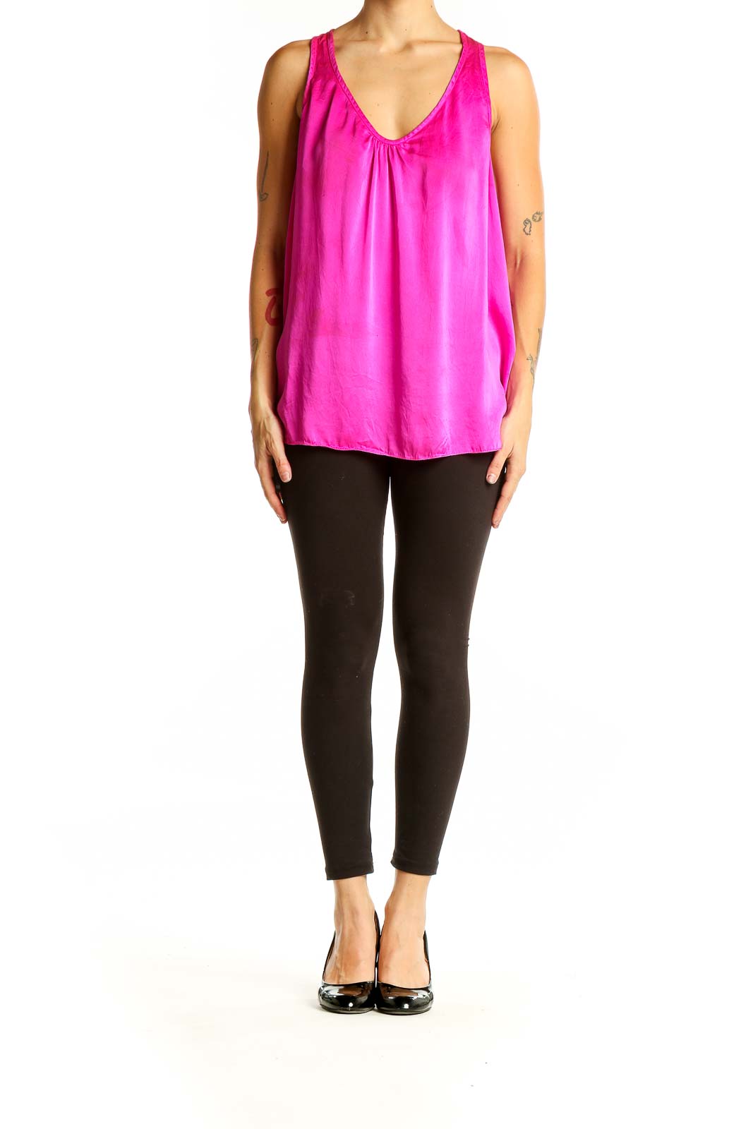 Front view of hot pink silk sleeveless blouse with V-neck