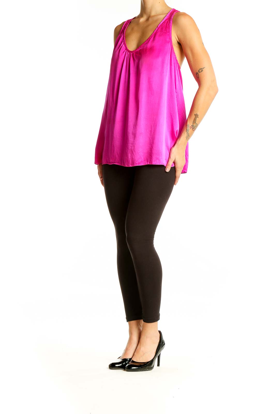 Front view of hot pink silk sleeveless blouse with V-neck