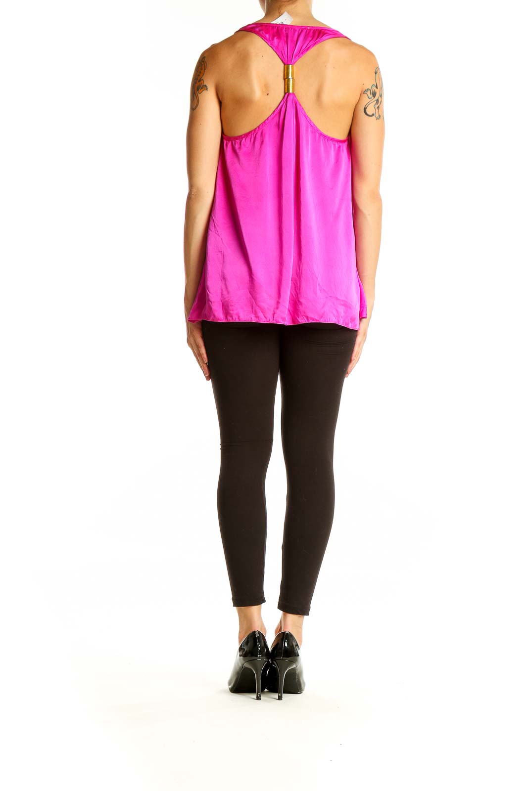 Back view of hot pink silk sleeveless blouse with racerback design