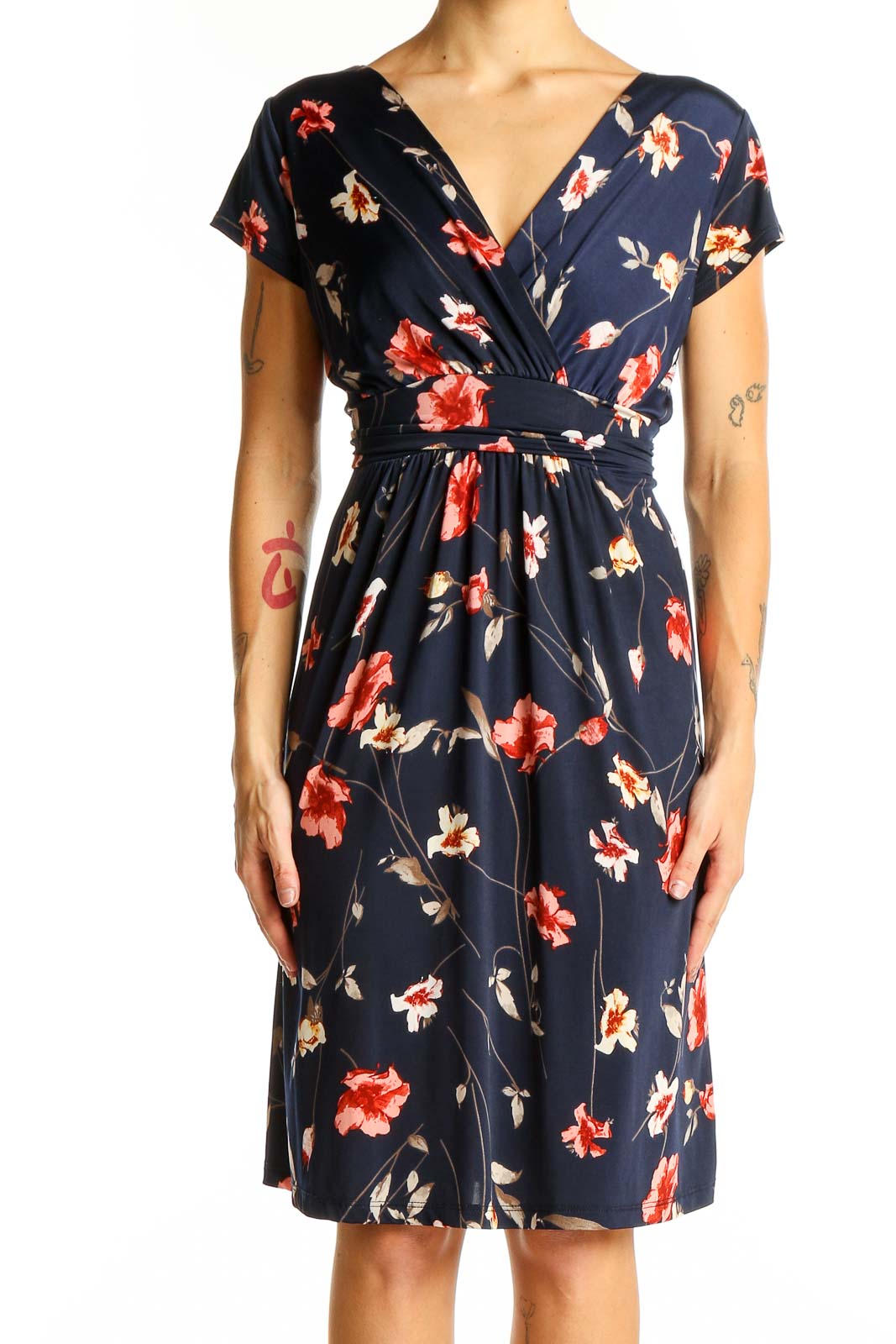 Front view of Kaileigh navy floral wrap midi dress with V-neckline and short sleeves