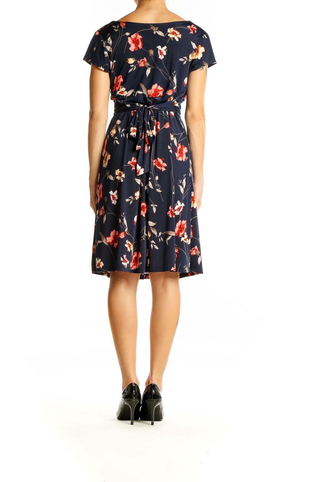 Back view of Kaileigh navy floral wrap midi dress showing all-over print and tie waist