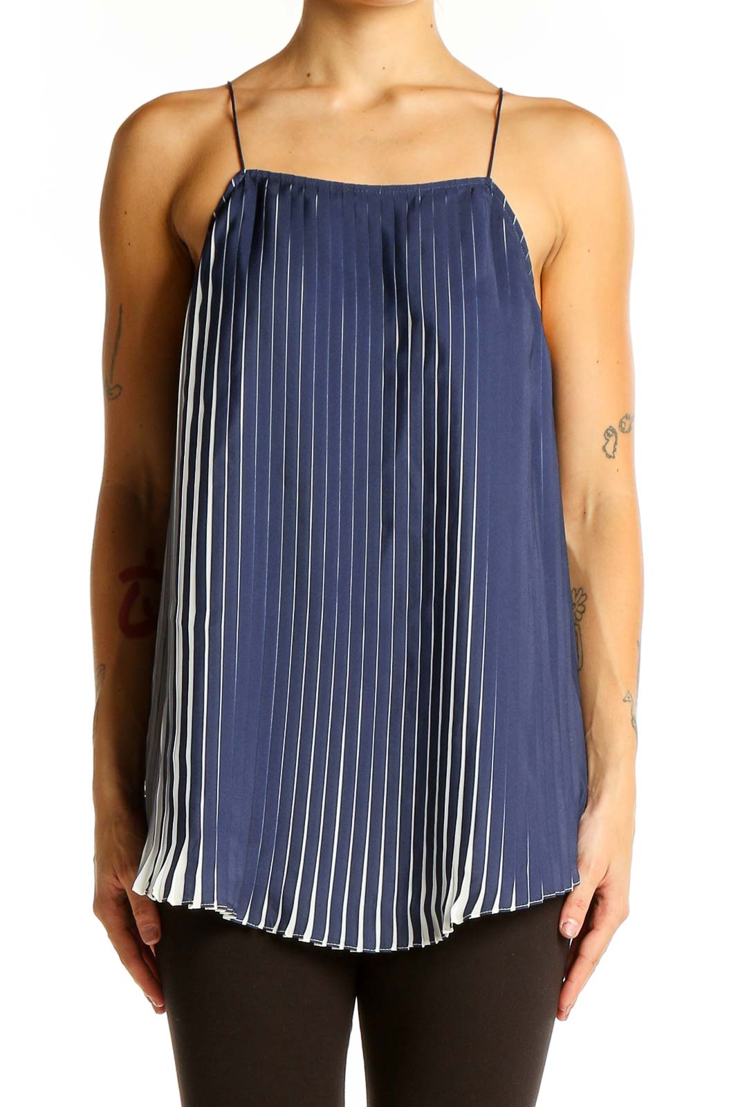 Front view of Club Monaco navy pleated camisole top with spaghetti straps