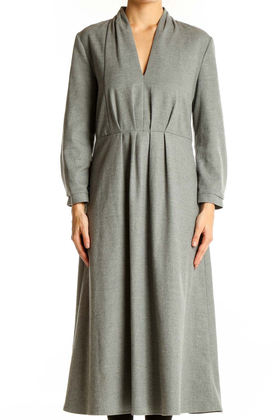 Front view of gray Zara Woman V-neck midi dress with pleated waist