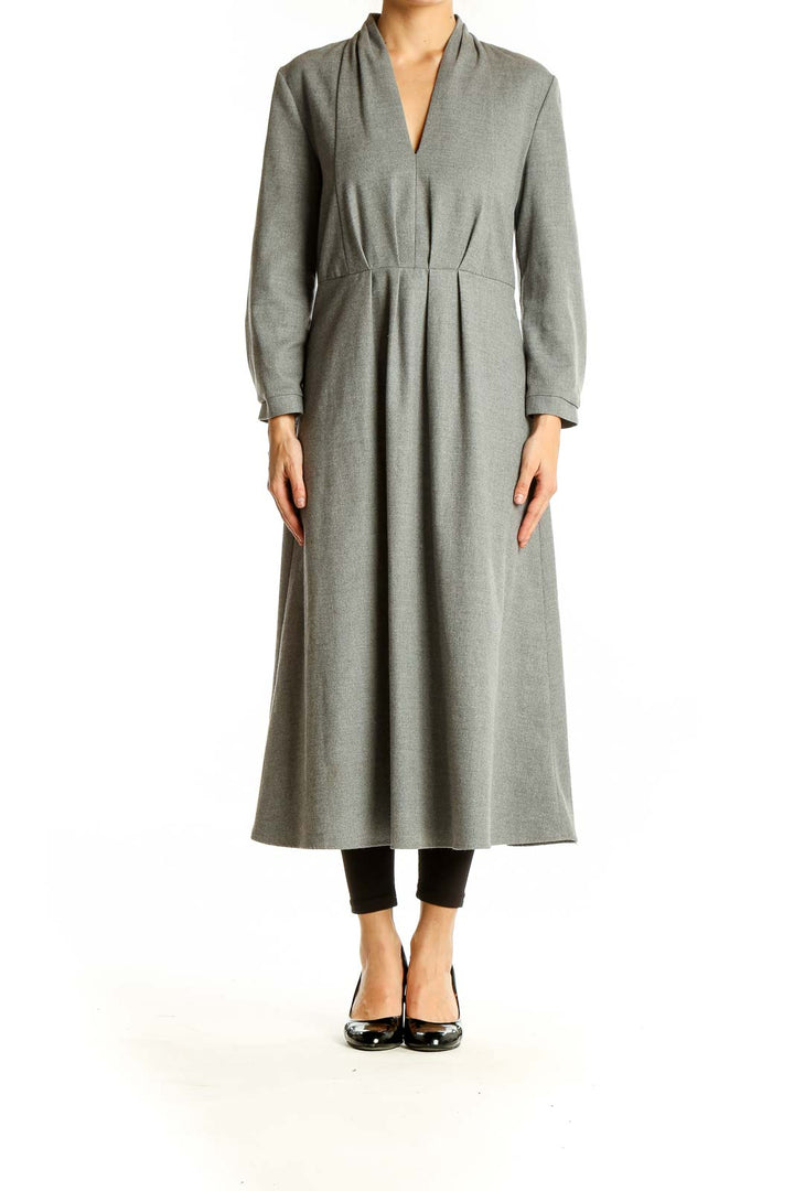 Front view of gray Zara Woman V-neck midi dress with pleated waist