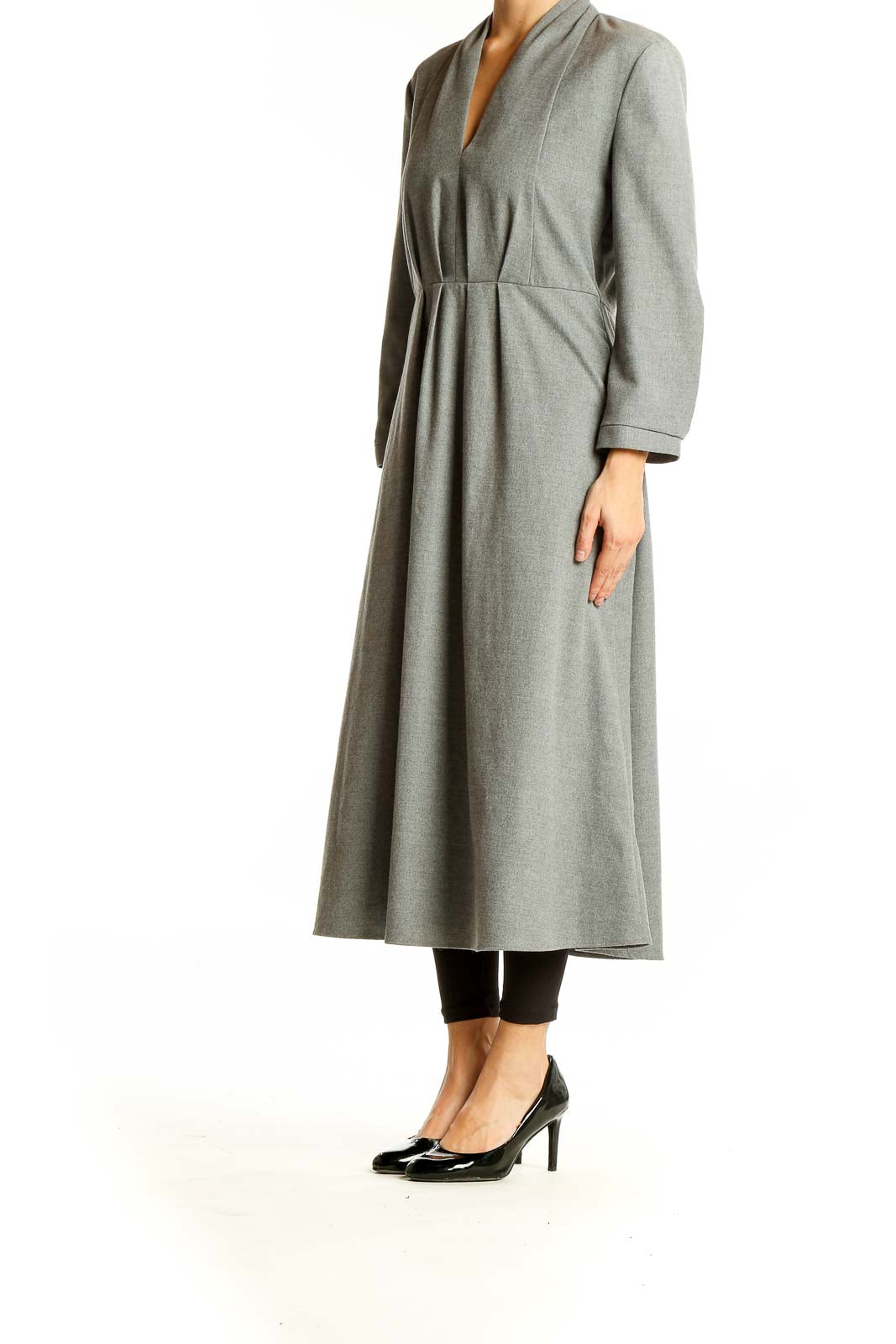 Front view of gray Zara Woman V-neck midi dress with pleated waist