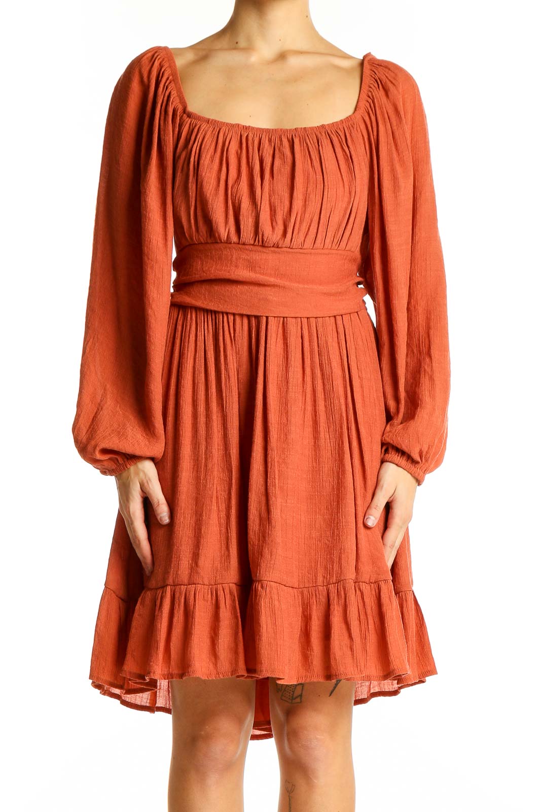 Front view of terracotta SilkRoll midi dress with square neckline and tiered skirt