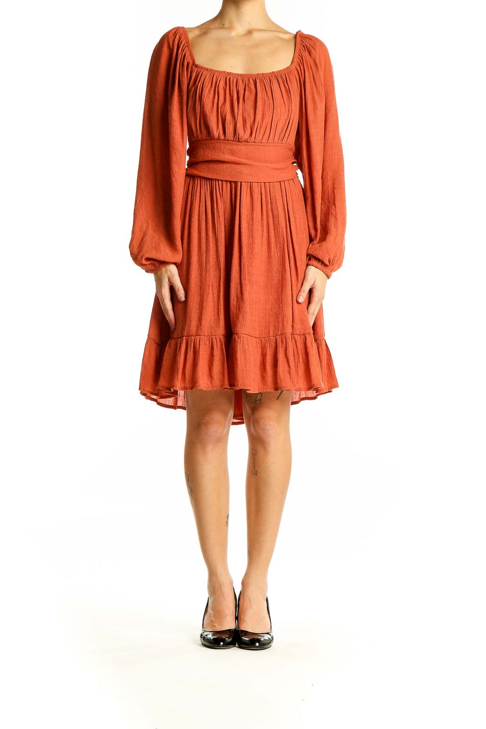 Front view of terracotta SilkRoll midi dress with square neckline and tiered skirt