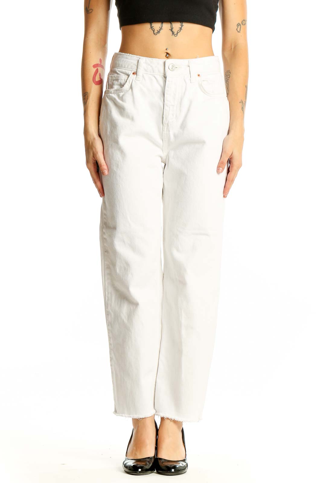 Front view of BDG white high-waisted straight-leg jeans with raw hem