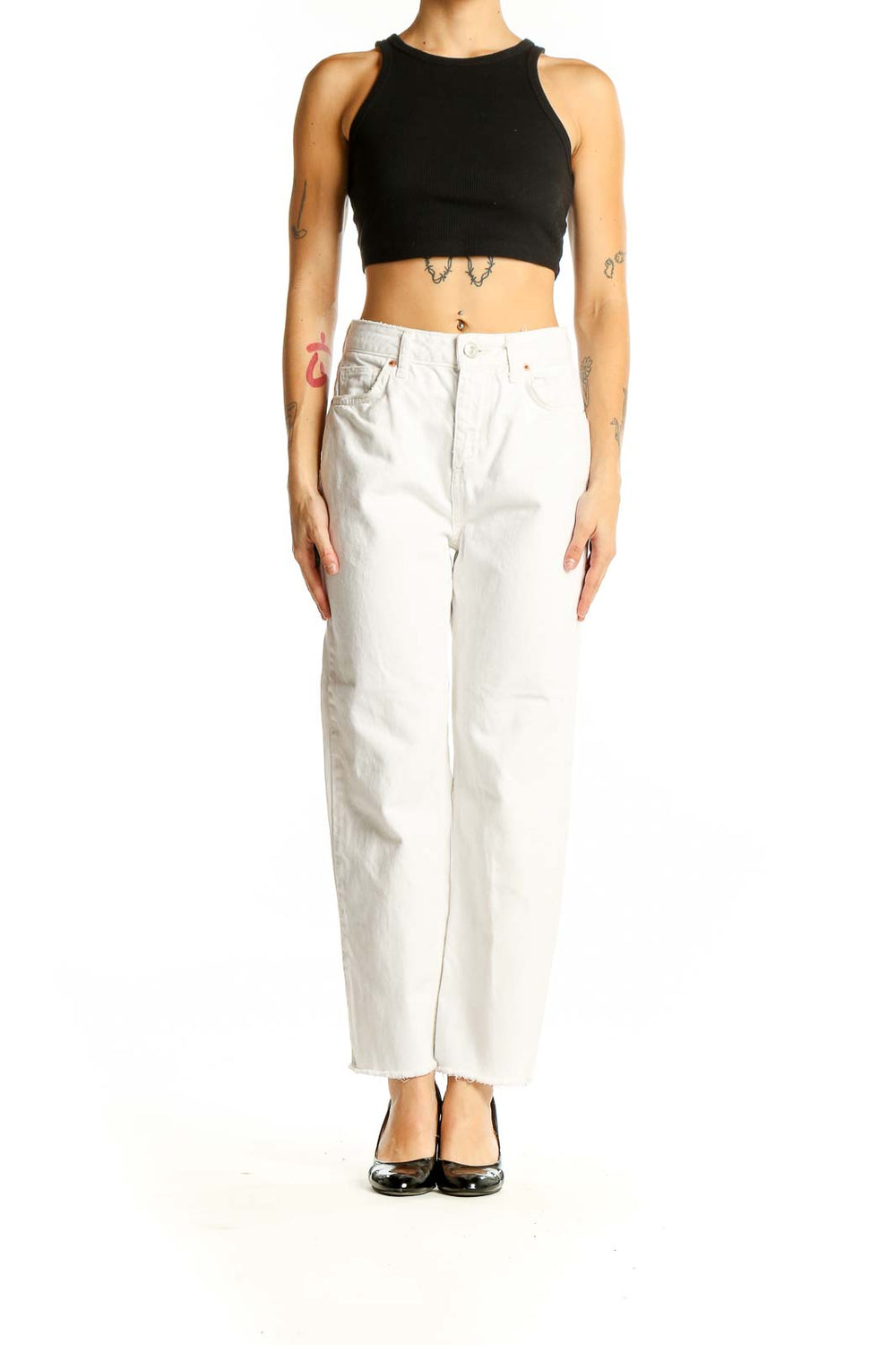 Front view of BDG white high-waisted straight-leg jeans with raw hem