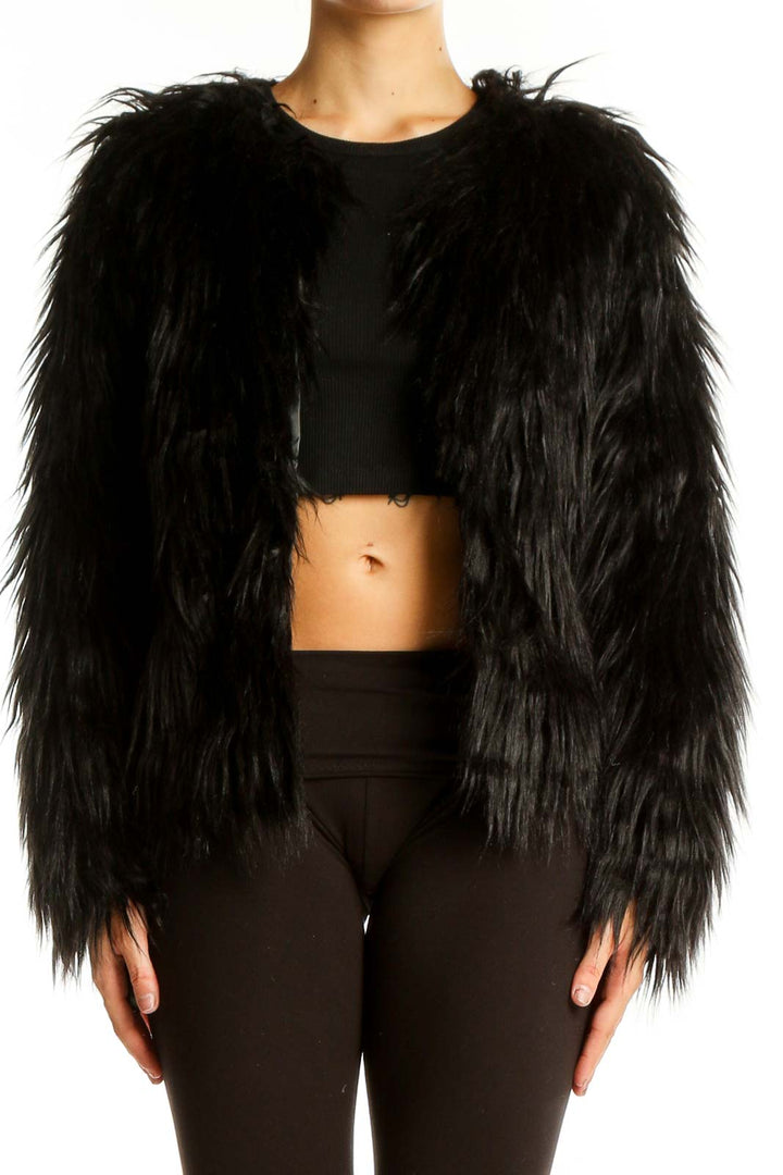 Front view of Lanshifei black shaggy faux fur cropped jacket