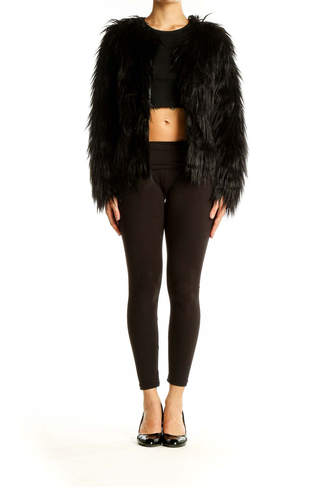 Front view of Lanshifei black shaggy faux fur cropped jacket