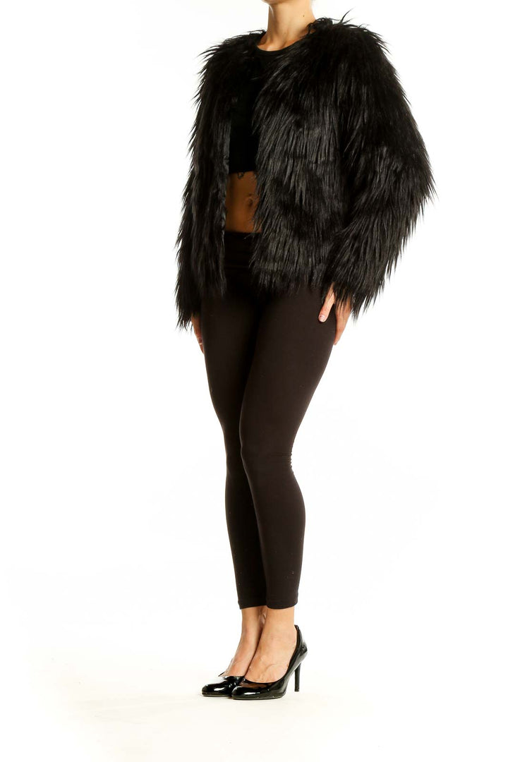 Front view of Lanshifei black shaggy faux fur cropped jacket